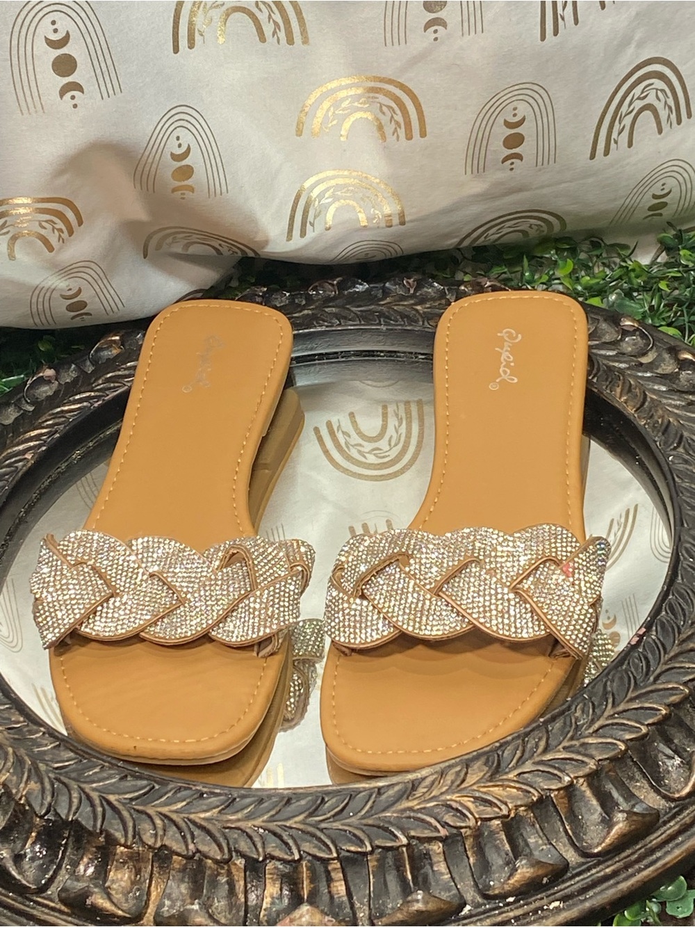 Qupid Tan Slide Sandals with Braided Crystal Strap